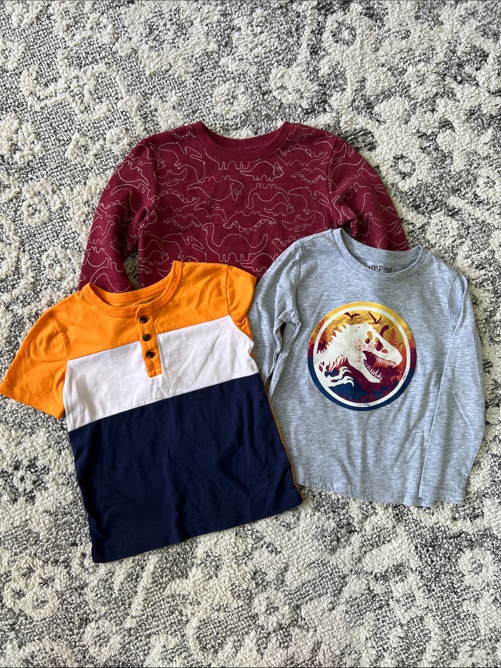 jumping beans Jurassic Park, White & Navy Colorblock Henley Tee, maroon dinosaur